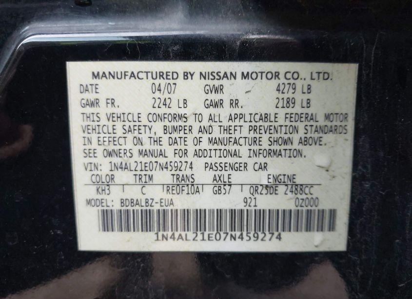 Photo 9 of 2007 Nissan Altima 2.5 S (VIN 1N4AL21E07N459274)