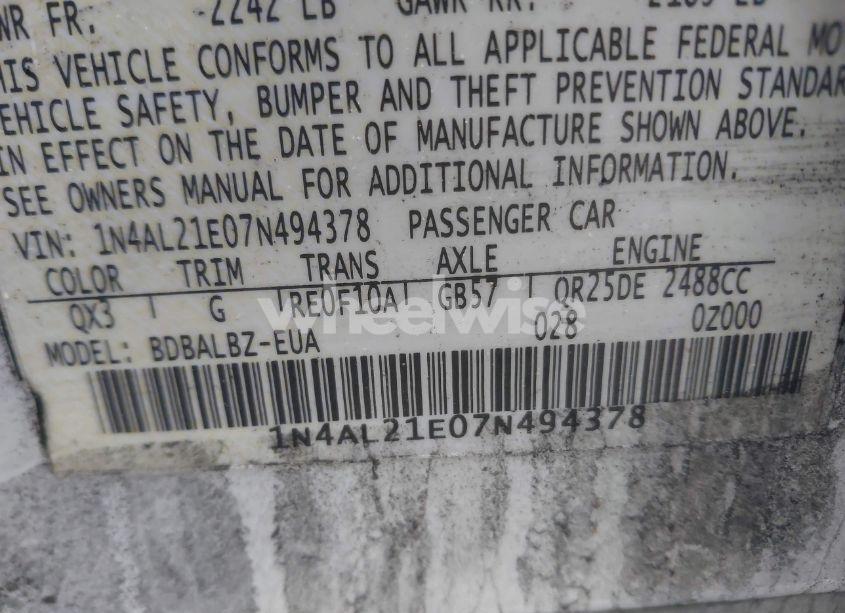 Photo 9 of 2007 Nissan Altima 2.5 S (VIN 1N4AL21E07N494378)