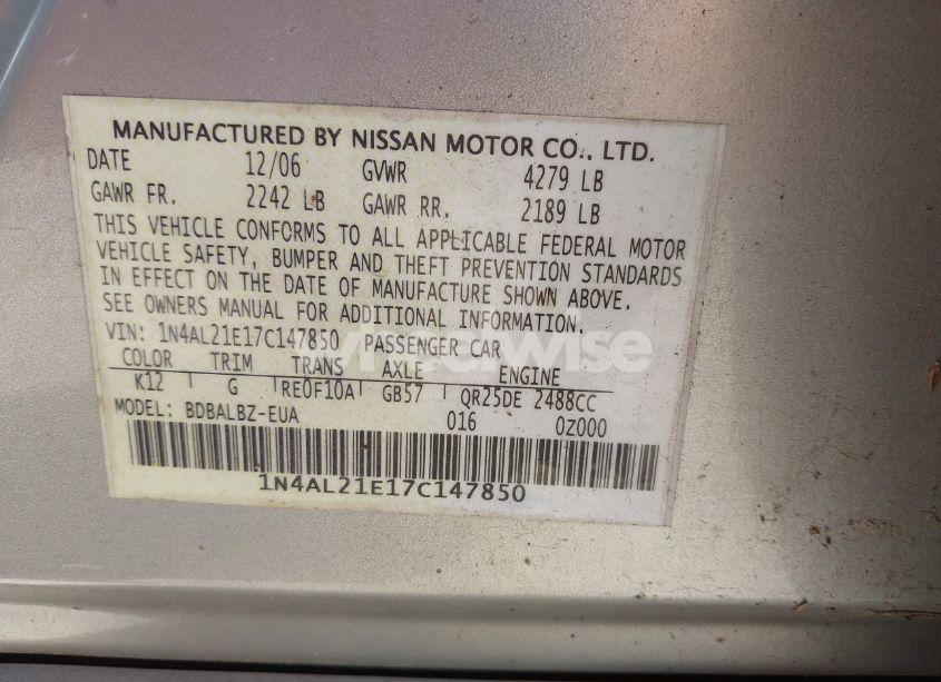 Photo 9 of 2007 Nissan Altima 2.5 S (VIN 1N4AL21E17C147850)