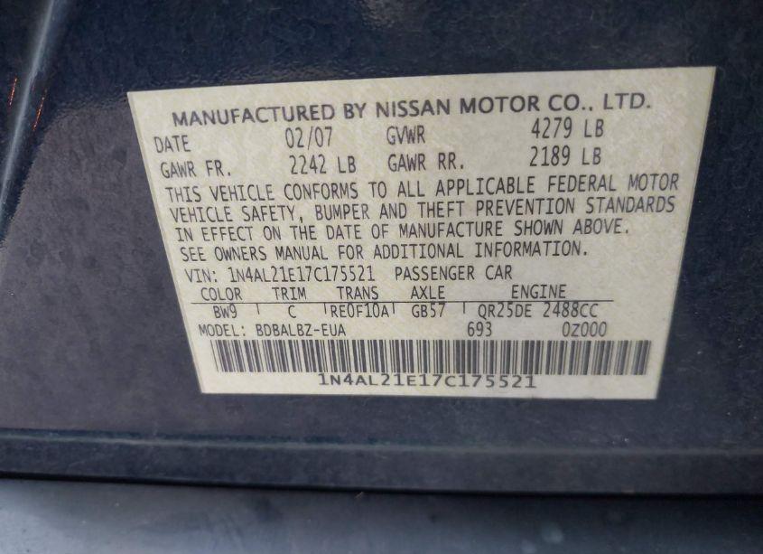 Photo 9 of 2007 Nissan Altima 2.5 S (VIN 1N4AL21E17C175521)