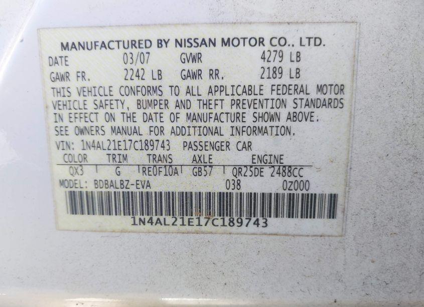 Photo 9 of 2007 Nissan Altima 2.5 S (VIN 1N4AL21E17C189743)