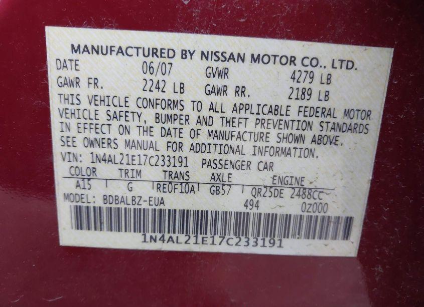 Photo 9 of 2007 Nissan Altima 2.5 S (VIN 1N4AL21E17C233191)