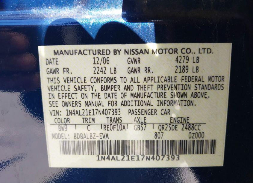 Photo 9 of 2007 Nissan Altima 2.5 S (VIN 1N4AL21E17N407393)