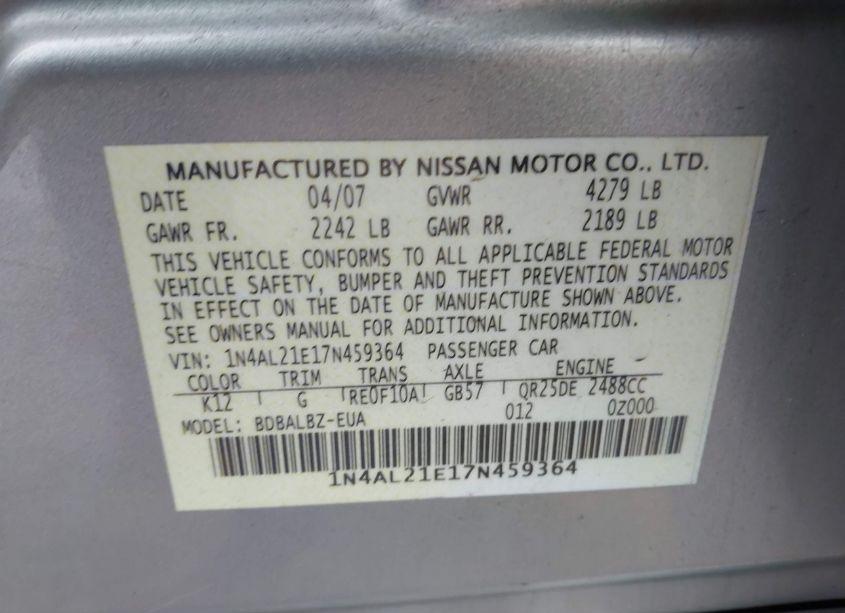 Photo 9 of 2007 Nissan Altima 2.5 S (VIN 1N4AL21E17N459364)