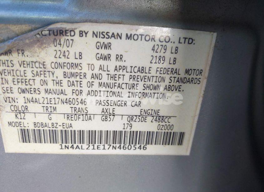 Photo 9 of 2007 Nissan Altima 2.5 S (VIN 1N4AL21E17N460546)