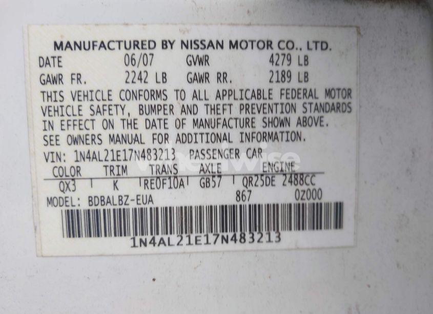 Photo 9 of 2007 Nissan Altima 2.5 S (VIN 1N4AL21E17N483213)