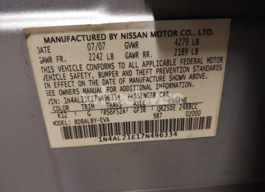 Photo 9 of 2007 Nissan Altima 2.5 S (VIN 1N4AL21E17N496334)