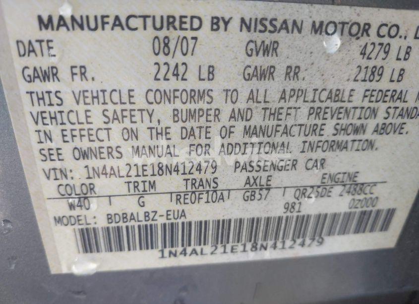Photo 9 of 2008 Nissan Altima 2.5 S (VIN 1N4AL21E18N412479)