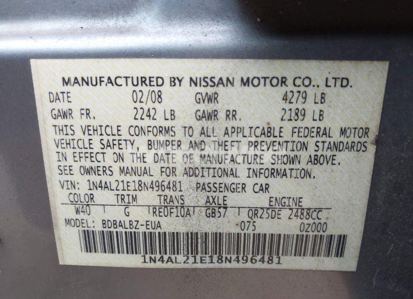 Photo 9 of 2008 Nissan Altima 2.5 S (VIN 1N4AL21E18N496481)