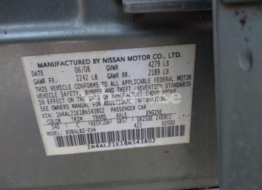 Photo 9 of 2008 Nissan Altima 2.5 S (VIN 1N4AL21E18N543802)