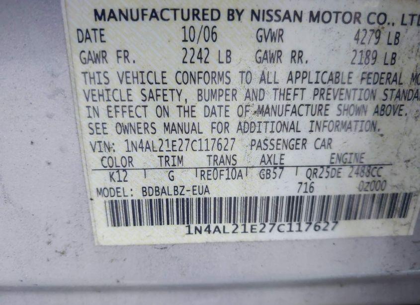 Photo 9 of 2007 Nissan Altima 2.5 S (VIN 1N4AL21E27C117627)
