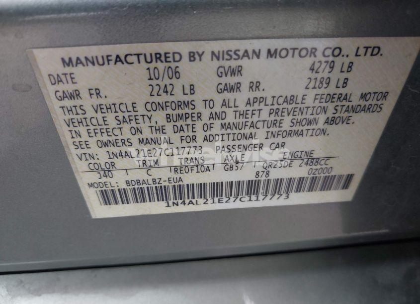 Photo 9 of 2007 Nissan Altima 2.5 S (VIN 1N4AL21E27C117773)