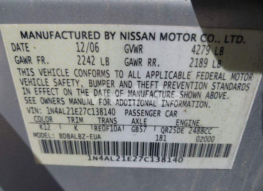 Photo 9 of 2007 Nissan Altima 2.5 S (VIN 1N4AL21E27C138140)