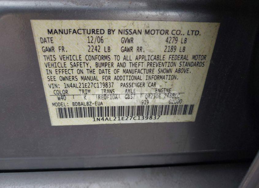 Photo 9 of 2007 Nissan Altima 2.5 S (VIN 1N4AL21E27C139837)