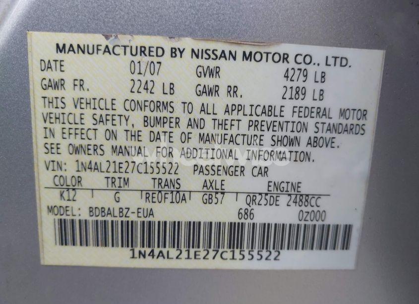 Photo 9 of 2007 Nissan Altima 2.5 S (VIN 1N4AL21E27C155522)