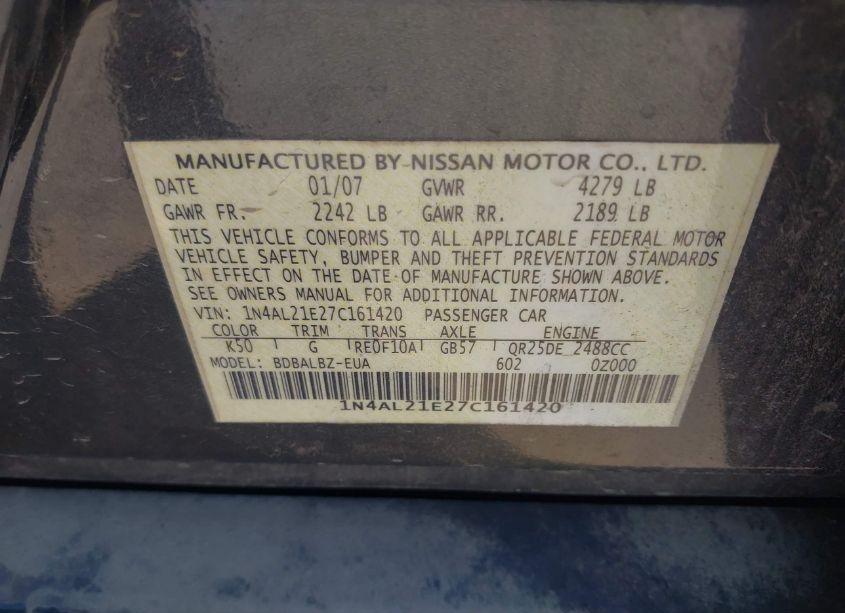Photo 9 of 2007 Nissan Altima 2.5 S (VIN 1N4AL21E27C161420)