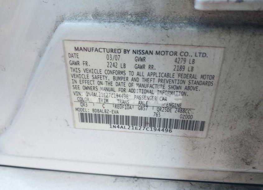 Photo 9 of 2007 Nissan Altima 2.5 S (VIN 1N4AL21E27C194496)