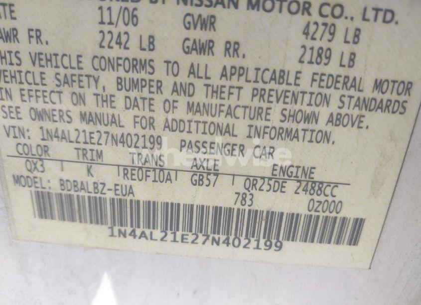 Photo 9 of 2007 Nissan Altima 2.5 S (VIN 1N4AL21E27N402199)