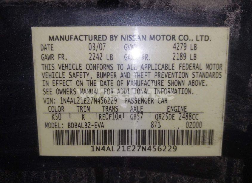 Photo 9 of 2007 Nissan Altima 2.5 S (VIN 1N4AL21E27N456229)