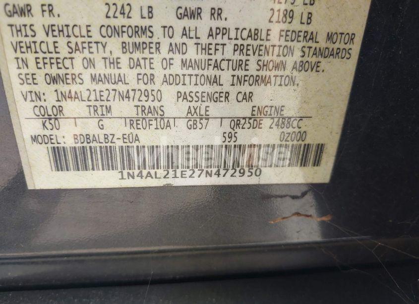 Photo 9 of 2007 Nissan Altima 2.5 S (VIN 1N4AL21E27N472950)