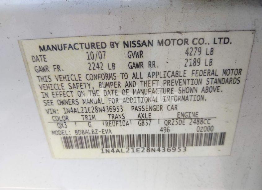 Photo 9 of 2008 Nissan Altima 2.5 S (VIN 1N4AL21E28N436953)