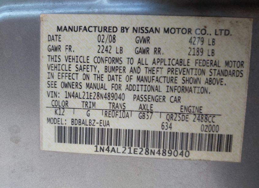 Photo 9 of 2008 Nissan Altima 2.5 S (VIN 1N4AL21E28N489040)