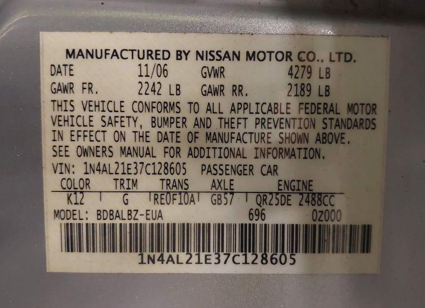 Photo 9 of 2007 Nissan Altima 2.5 S (VIN 1N4AL21E37C128605)