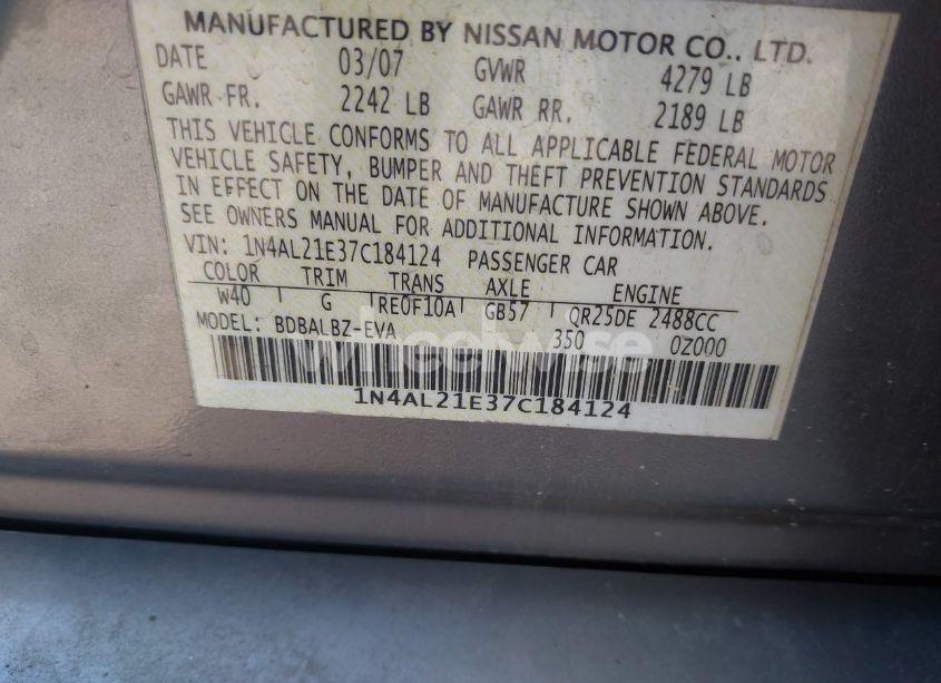 Photo 9 of 2007 Nissan Altima 2.5 S (VIN 1N4AL21E37C184124)