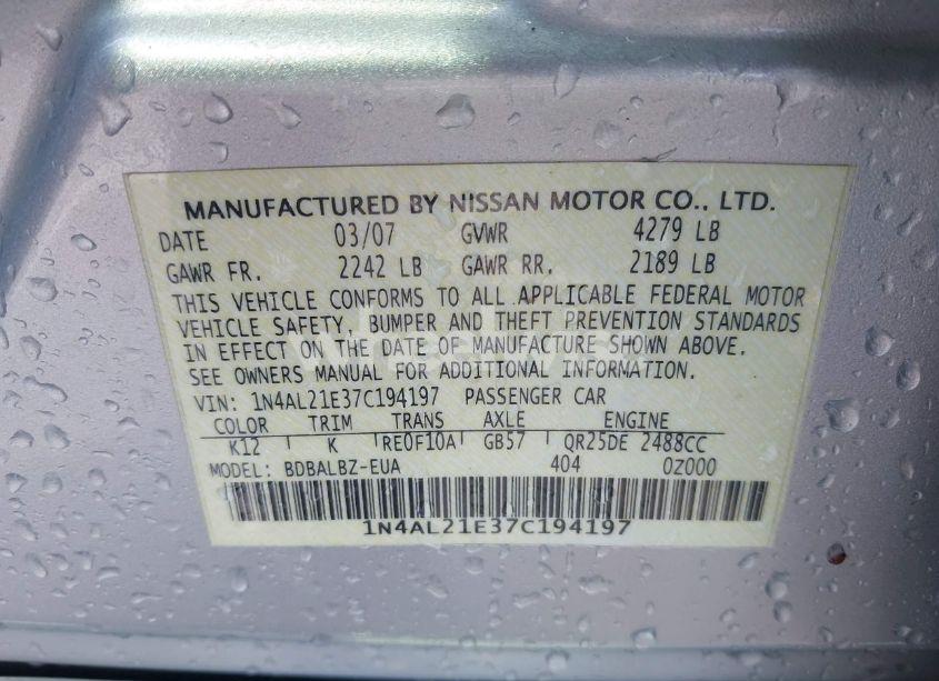 Photo 9 of 2007 Nissan Altima 2.5 S (VIN 1N4AL21E37C194197)