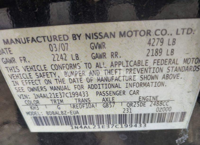 Photo 9 of 2007 Nissan Altima 2.5 S (VIN 1N4AL21E37C199433)