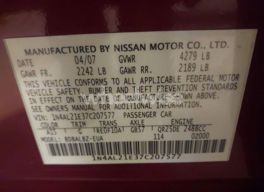 Photo 9 of 2007 Nissan Altima 2.5 S (VIN 1N4AL21E37C207577)