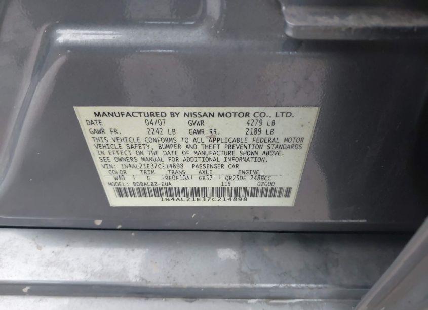 Photo 9 of 2007 Nissan Altima 2.5 S (VIN 1N4AL21E37C214898)