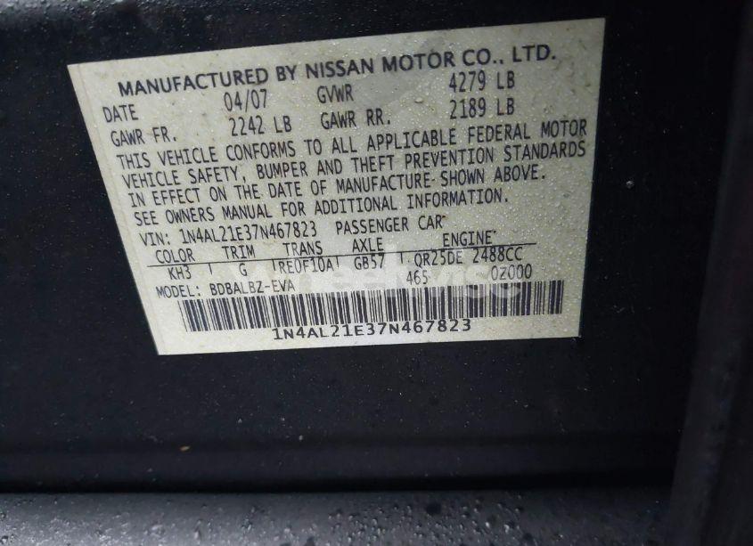 Photo 9 of 2007 Nissan Altima 2.5 S (VIN 1N4AL21E37N467823)