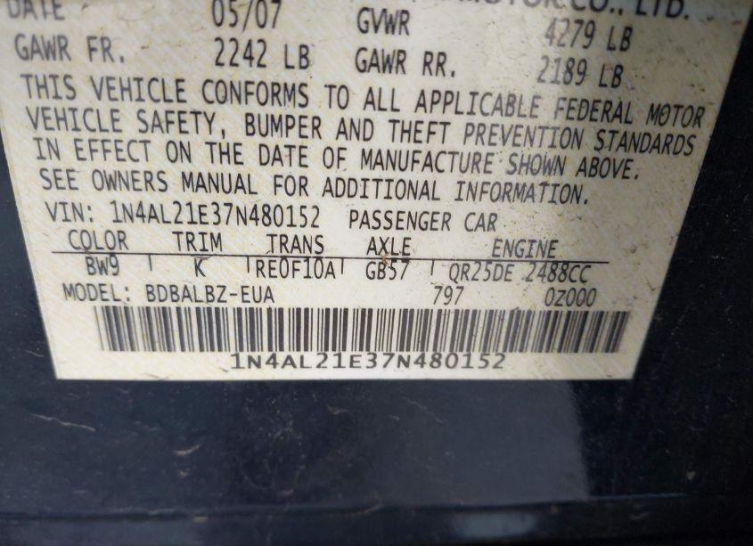 Photo 9 of 2007 Nissan Altima 2.5 S (VIN 1N4AL21E37N480152)