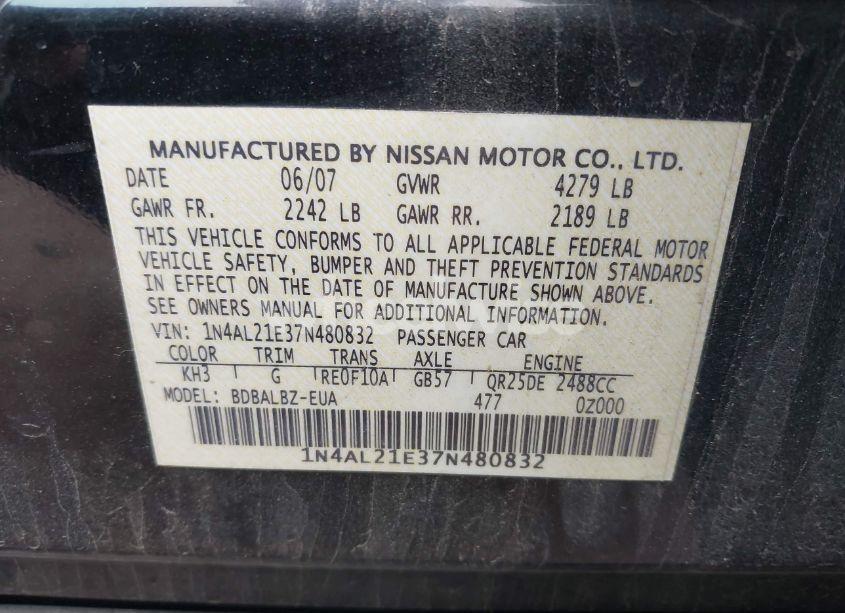 Photo 9 of 2007 Nissan Altima 2.5 S (VIN 1N4AL21E37N480832)