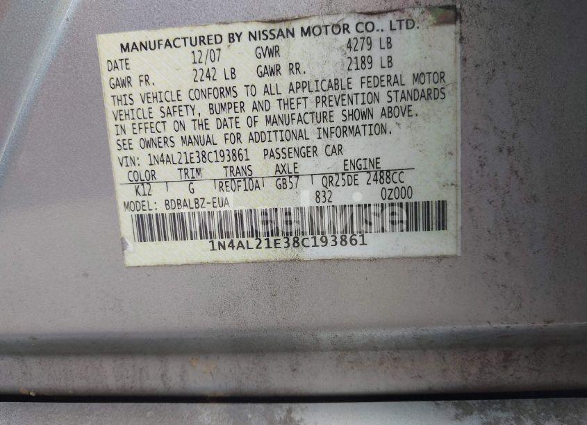 Photo 9 of 2008 Nissan Altima 2.5 S (VIN 1N4AL21E38C193861)