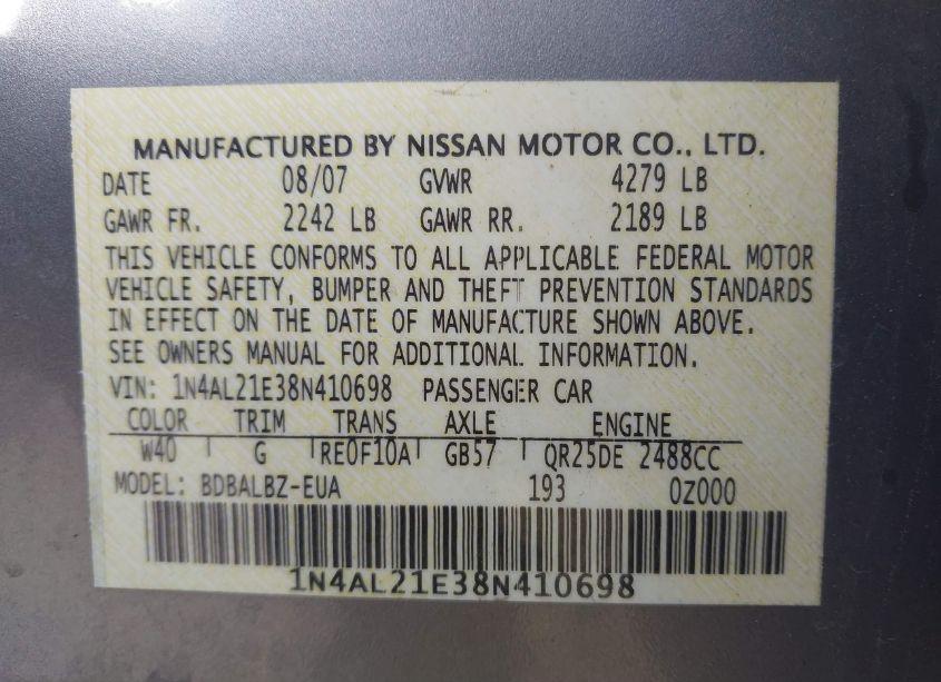 Photo 9 of 2008 Nissan Altima 2.5 S (VIN 1N4AL21E38N410698)