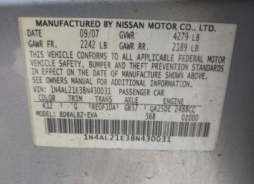 Photo 9 of 2008 Nissan Altima 2.5 S (VIN 1N4AL21E38N430031)
