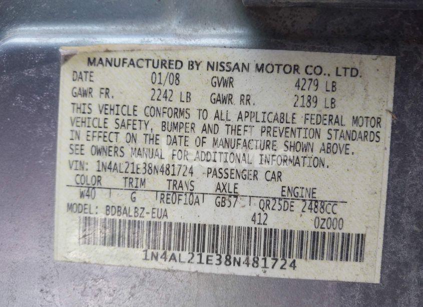 Photo 9 of 2008 Nissan Altima 2.5 S (VIN 1N4AL21E38N481724)