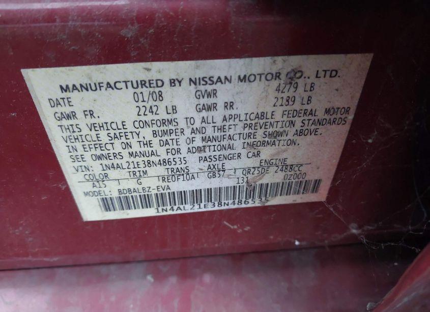 Photo 9 of 2008 Nissan Altima 2.5 S (VIN 1N4AL21E38N486535)