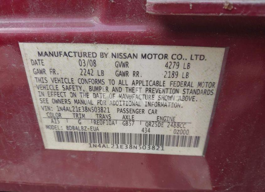 Photo 9 of 2008 Nissan Altima 2.5 S (VIN 1N4AL21E38N503821)