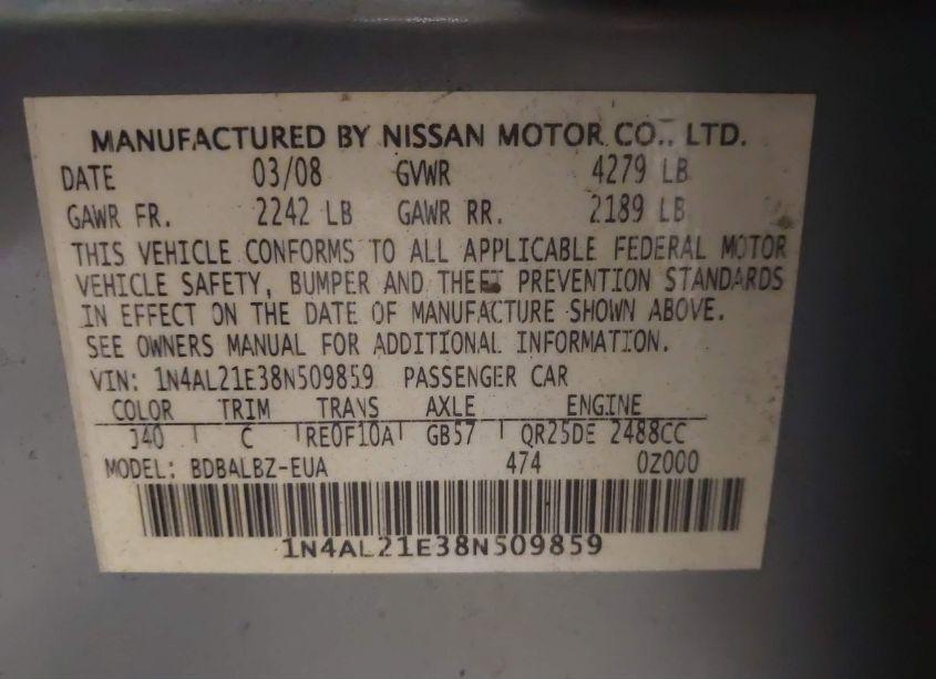 Photo 9 of 2008 Nissan Altima 2.5 S (VIN 1N4AL21E38N509859)