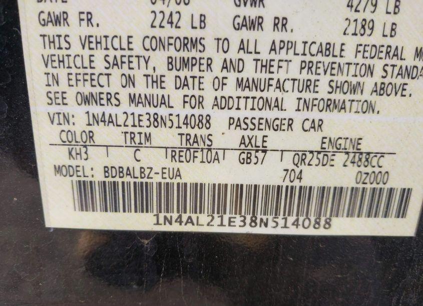 Photo 9 of 2008 Nissan Altima 2.5 S (VIN 1N4AL21E38N514088)