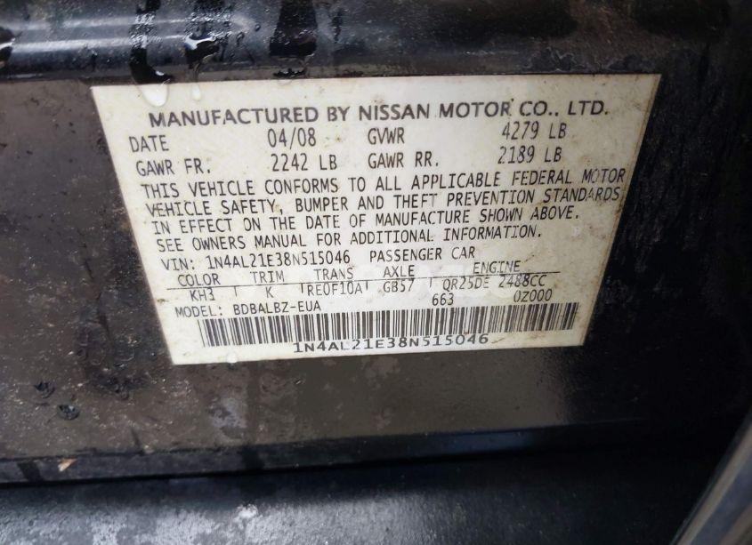 Photo 9 of 2008 Nissan Altima 2.5 S (VIN 1N4AL21E38N515046)