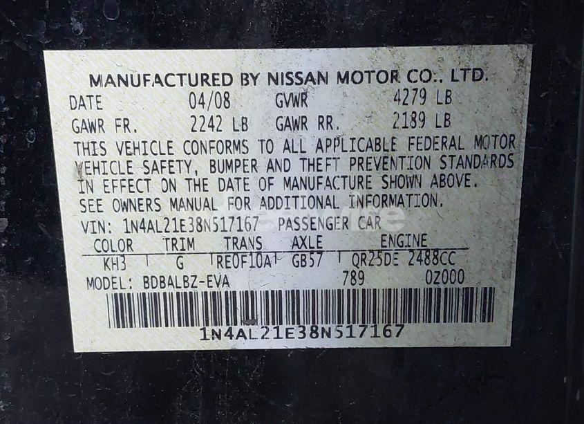 Photo 9 of 2008 Nissan Altima 2.5 S (VIN 1N4AL21E38N517167)