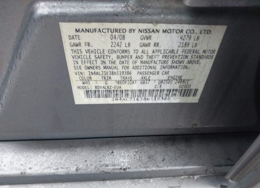 Photo 9 of 2008 Nissan Altima 2.5 S (VIN 1N4AL21E38N519386)