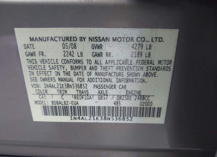 Photo 9 of 2008 Nissan Altima 2.5 S (VIN 1N4AL21E38N536852)