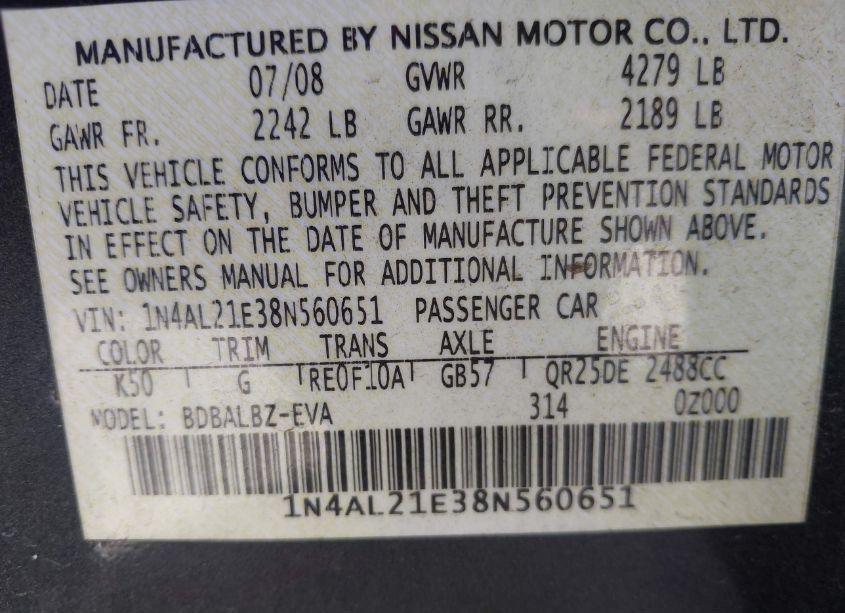Photo 9 of 2008 Nissan Altima 2.5 S (VIN 1N4AL21E38N560651)