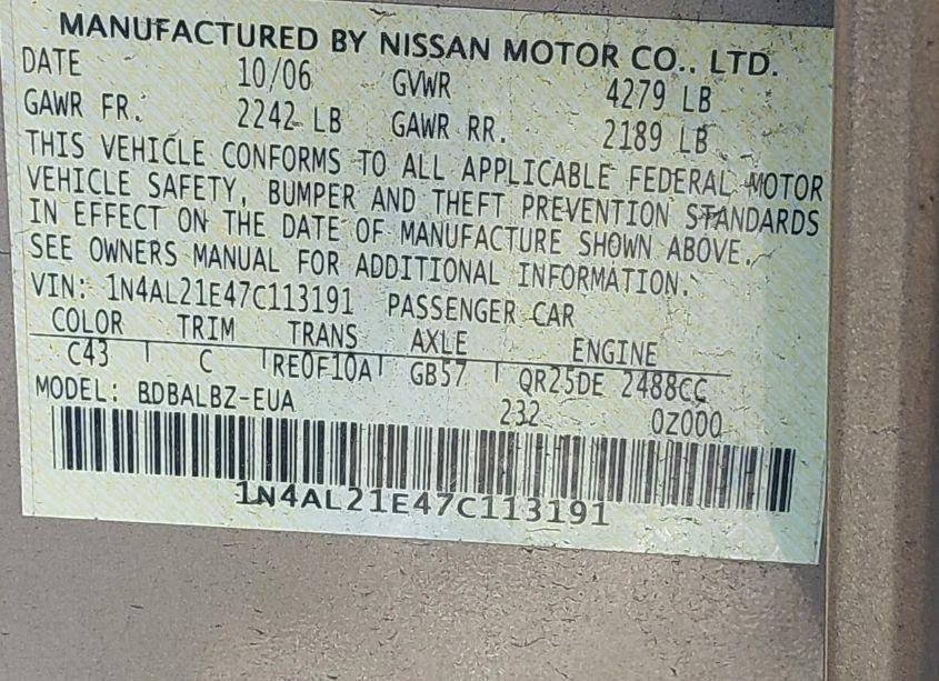 Photo 9 of 2007 Nissan Altima 2.5 S (VIN 1N4AL21E47C113191)