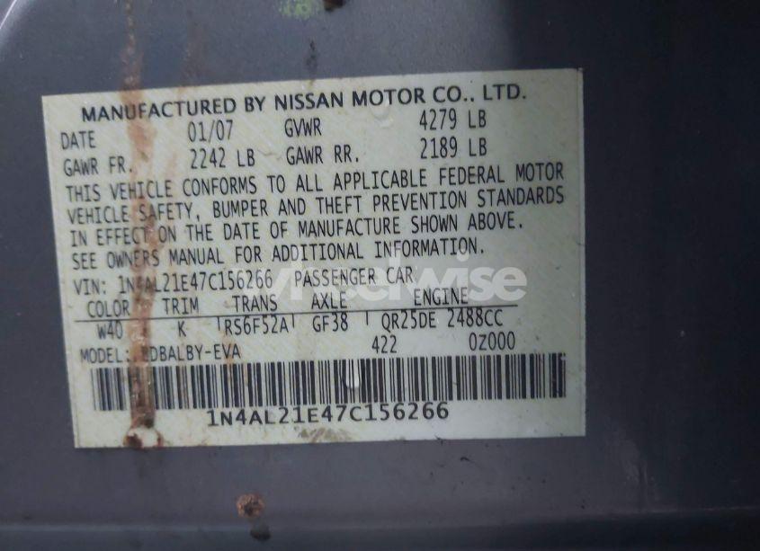 Photo 9 of 2007 Nissan Altima 2.5 S (VIN 1N4AL21E47C156266)